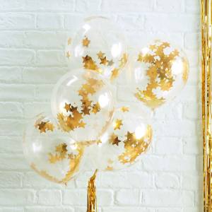 Image of gold confetti latex balloons in a bouquet.
