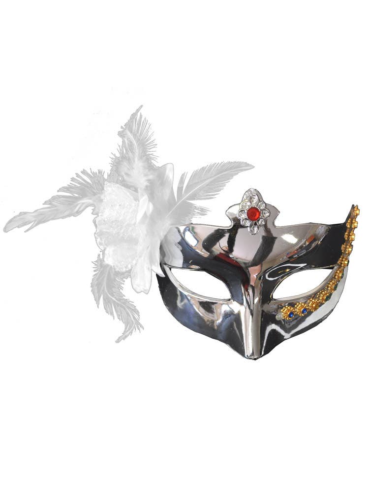 Mirror Finish Silver with White Flower Mask with Feathers - Face Mask View