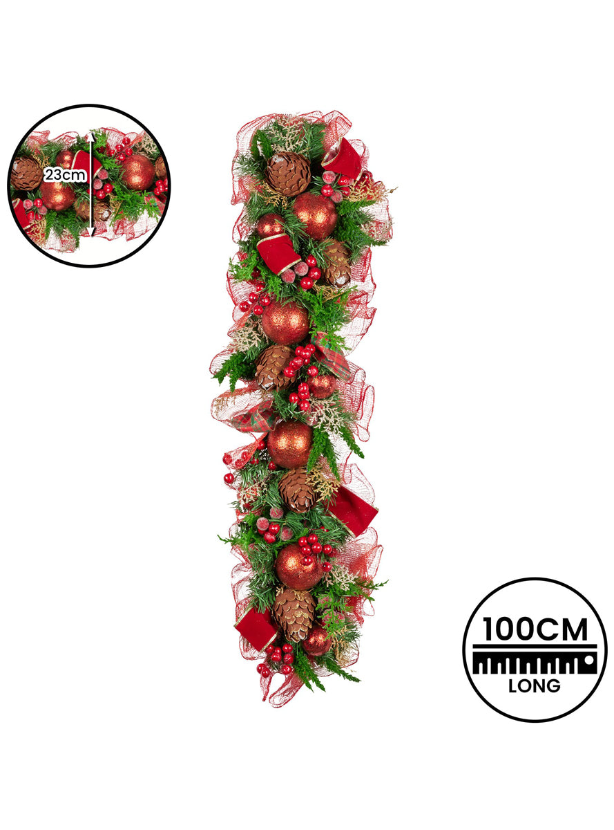 100cm Christmas Garland with Red Decorations - Dimensions Image