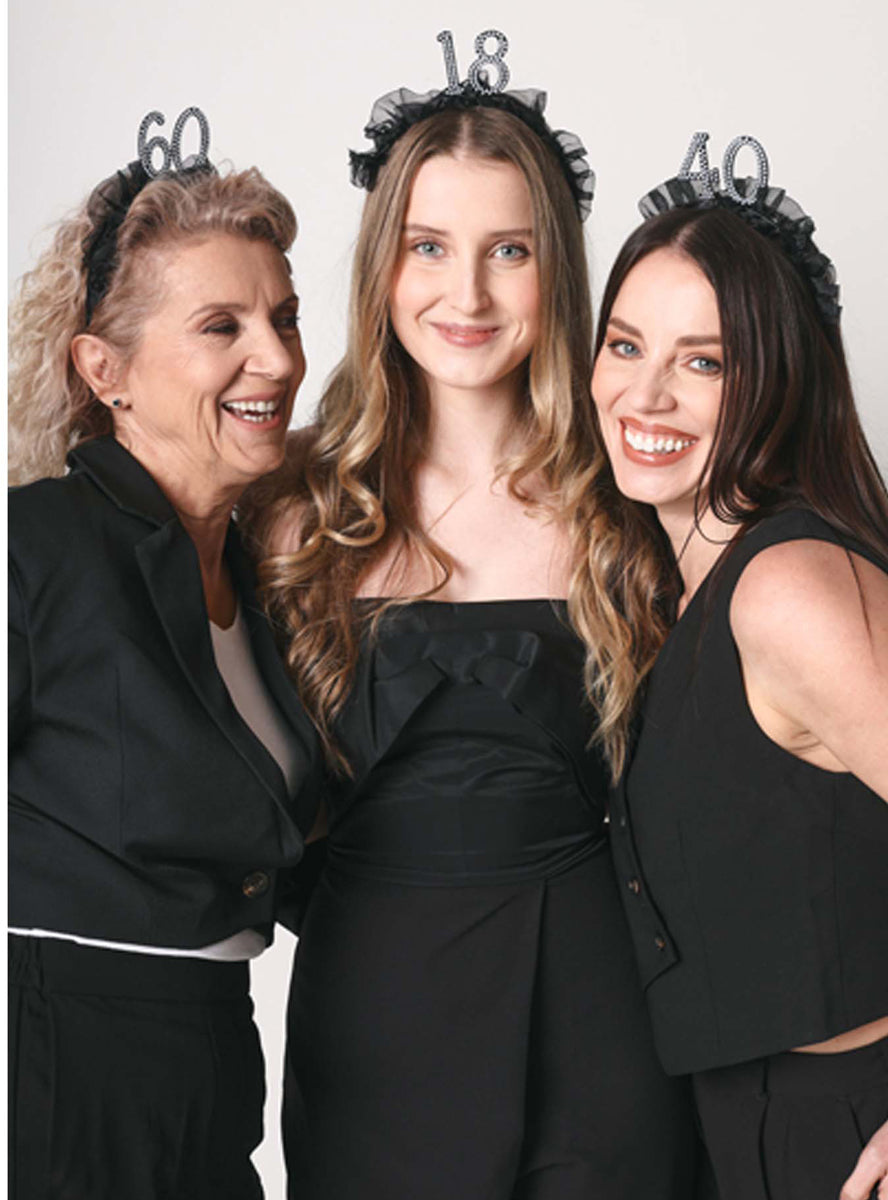 18th Birthday Black Headband With Pearls And Ruffles — Lifestyle Image 2