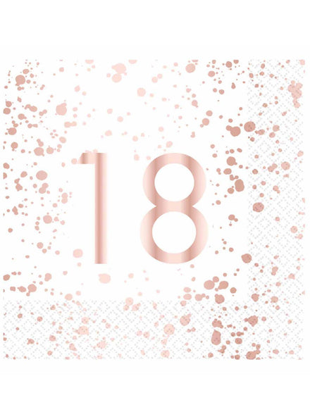 Image of 18th Birthday Rose Gold and White 16 Pack Lunch Napkins