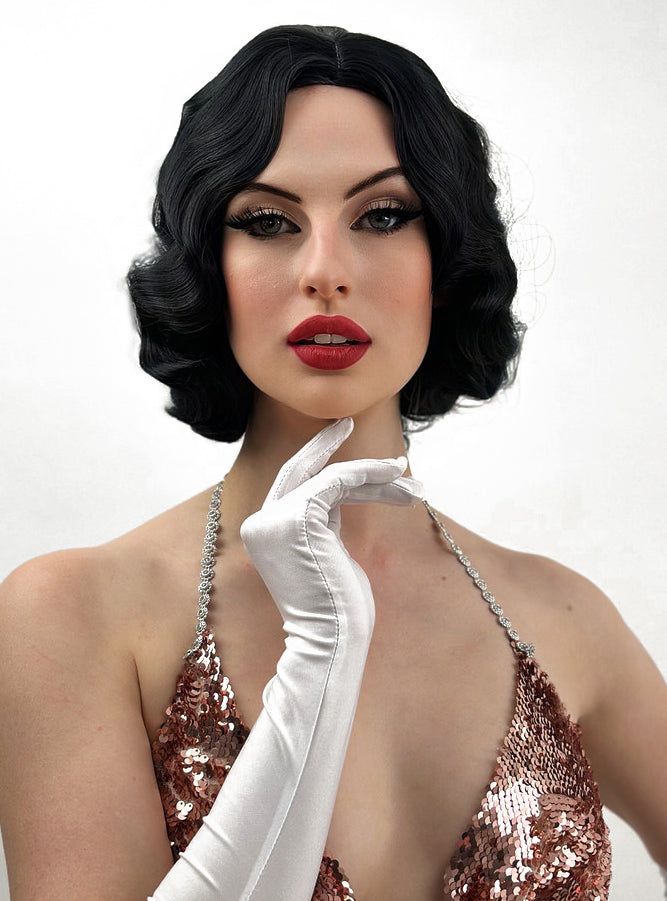 1920s Finger Wave Womens Deluxe Black Flapper Costume Wig - Alternative Image