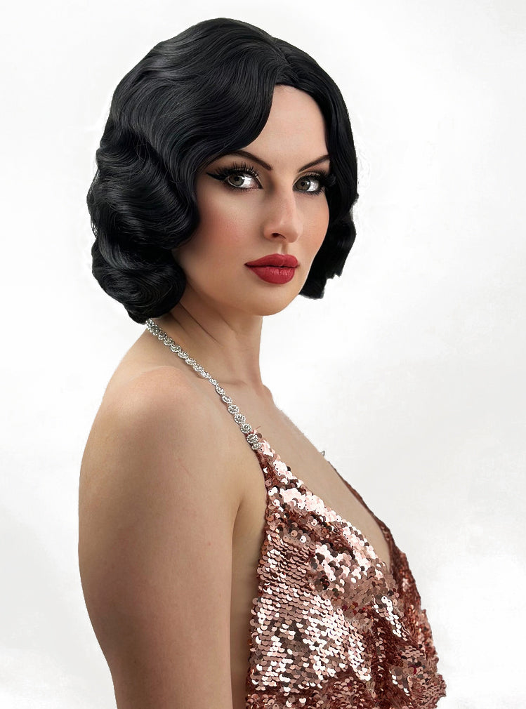 1920s Finger Wave Womens Deluxe Black Flapper Costume Wig - Side Image