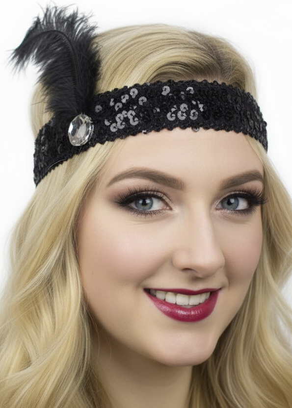 1920s Womens Basic Black Feather Flapper Costume Headband - Main Image