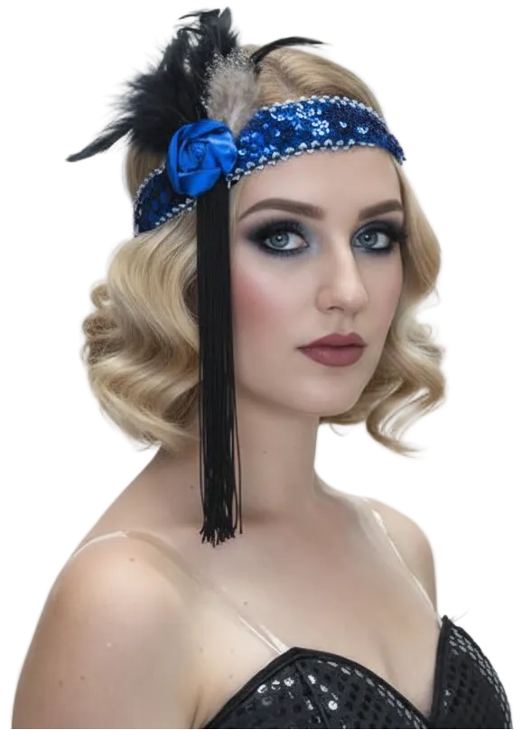 1920s Womens Blue Flapper Costume Headband with Tassles - Main Image