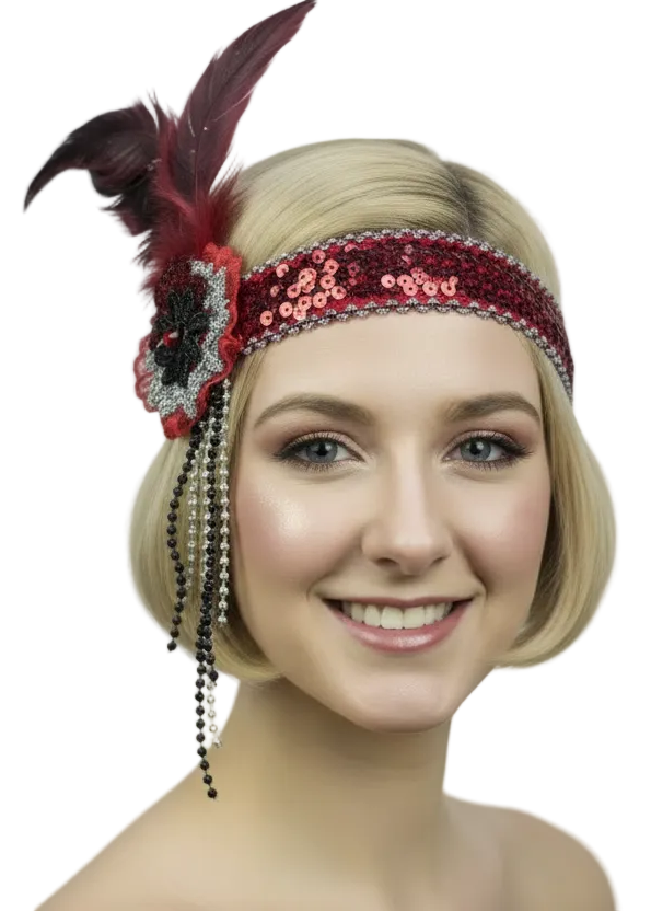 1920s Womens Sequins and Beads Red and Black Flapper Costume Headband - Main Image