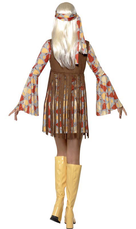 Women's 60's Brown Hippie Costume Dress and Fringed Vest - Back View