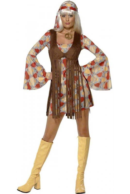 Women's 60's Brown Hippie Costume Dress and Fringed Vest - Front View