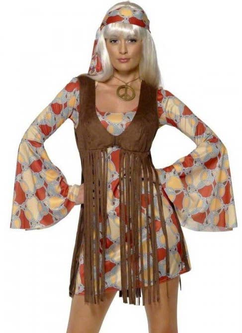 Women's 60's Brown Hippie Costume Dress and Fringed Vest - Zoom View