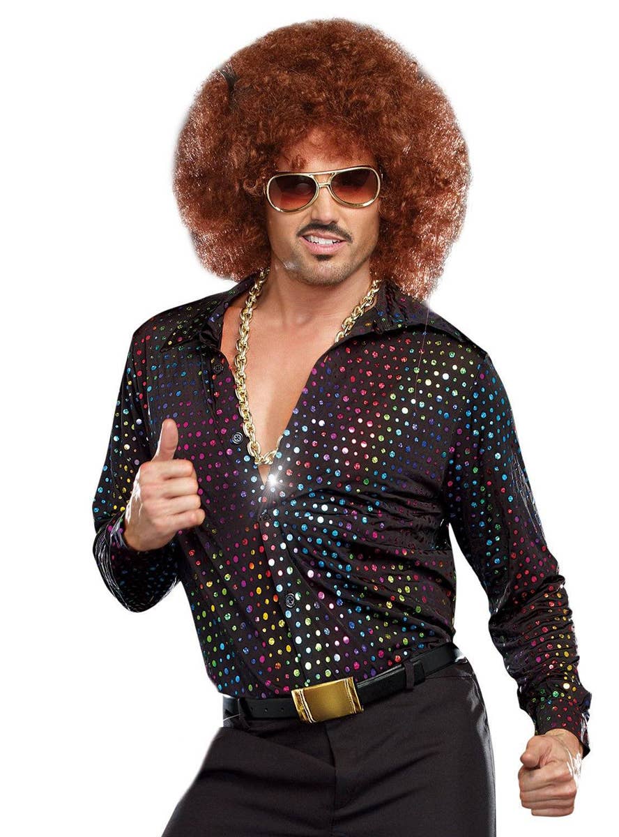 Holographic Rainbow Sequin Dots 1970's Mens Plus Size Disco Costume Shirt- Main Image