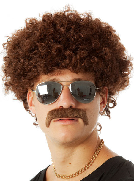 1970s Mens Brown Afro and Moustache Set - Main Image