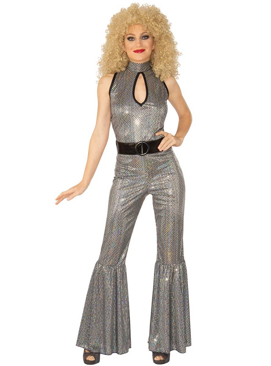 70's Silver Holographic Disco Diva Costume Jumpsuit for Women