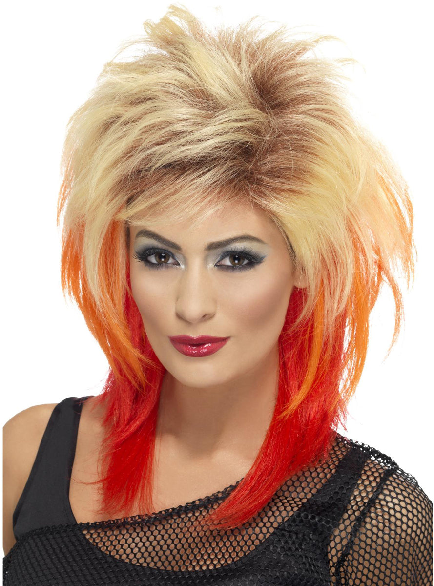 1980s Rock Star Womens Red and Blonde Short Mullet Costume Wig - Main Image