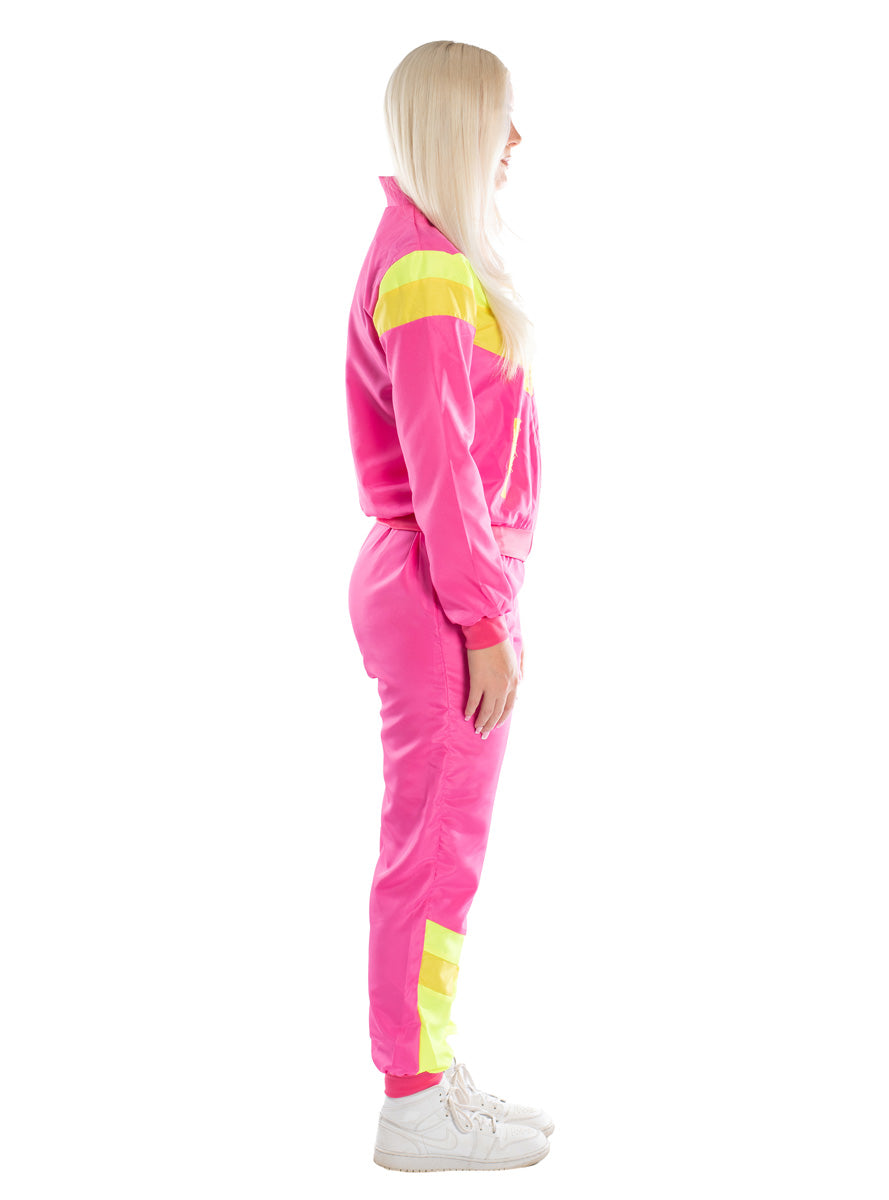 1980s Womens Neon Pink Shell Suit Costume - Side Image