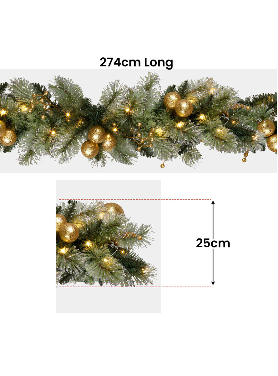 Green Christmas Garland With Lights And Gold Decorations 270cm - Dimensions Image 1