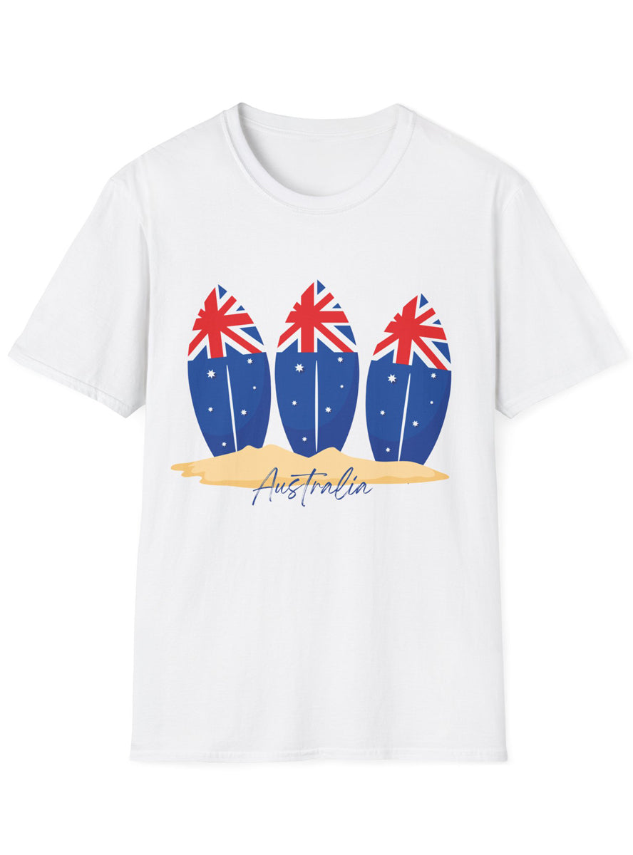 Adults Plus Size White T-Shirt with 3 Australia Day Surfboards Print