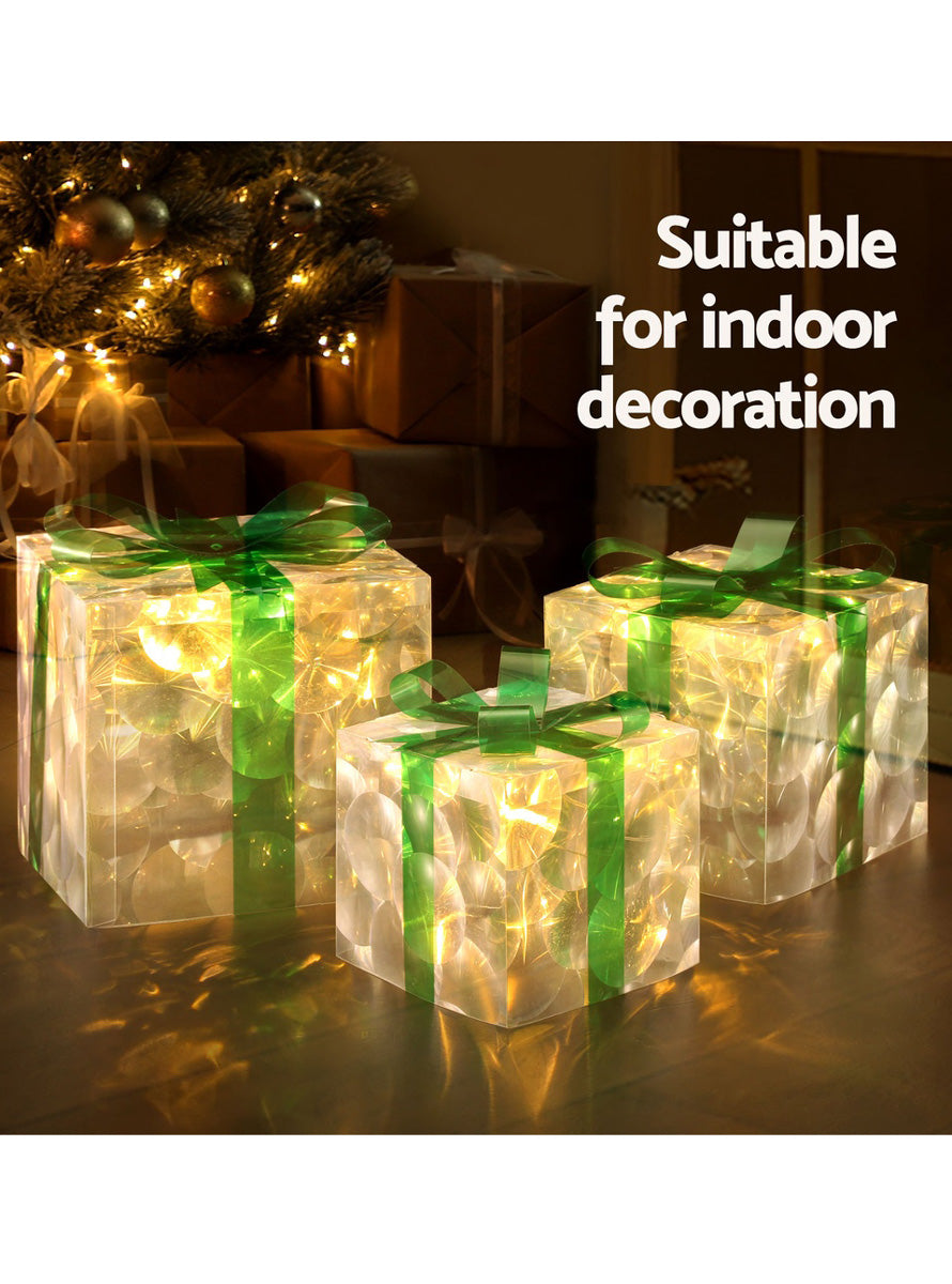 Green and White Light Up Christmas Gift Box Decoration Set 3 Piece - Information Image 2