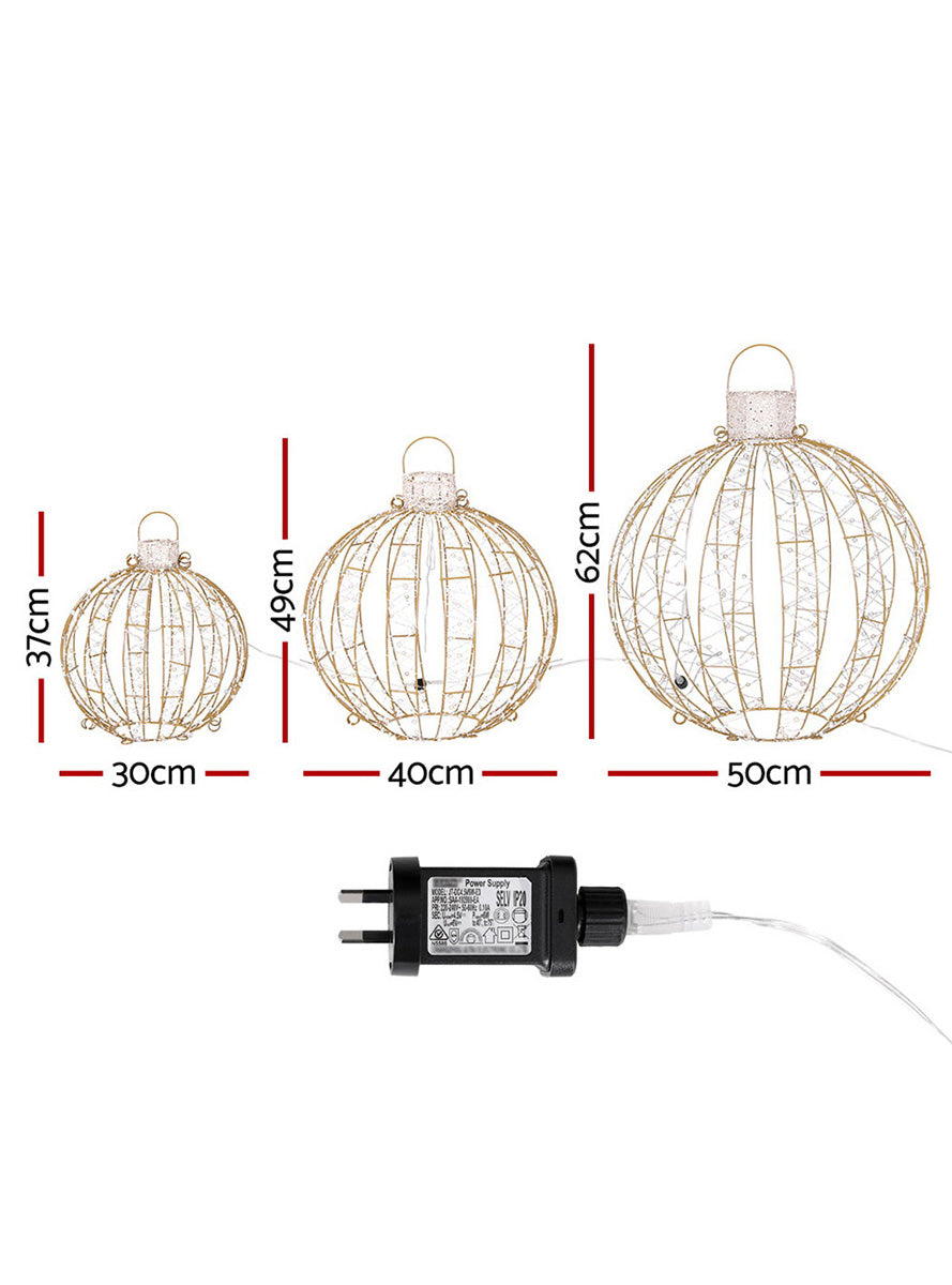 Warm White Golden Christmas Ball Decoration Set 3 Piece - Dimensions Image 1