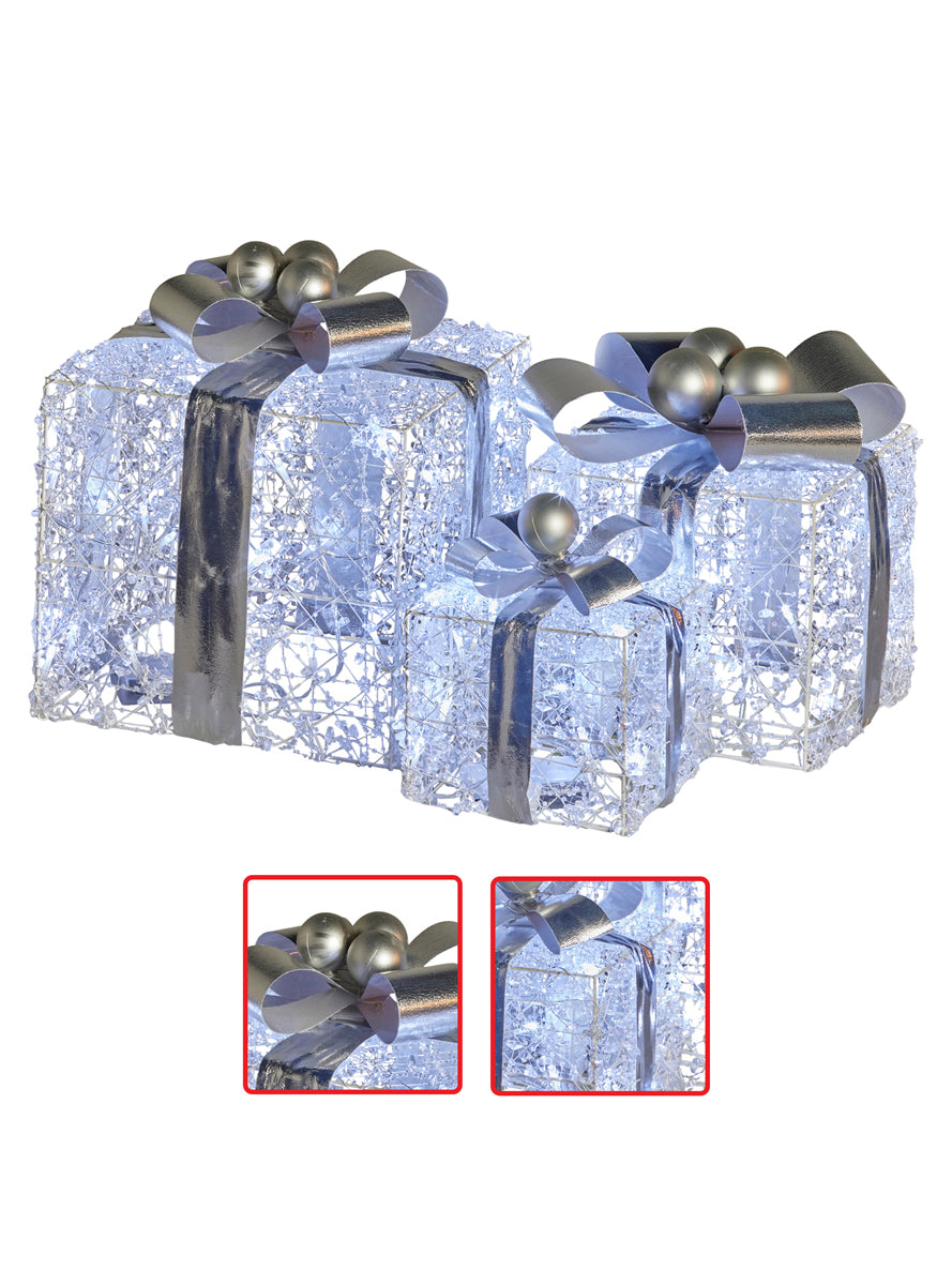 Silver Bow Light Up Christmas Present Decoration Set 3 Piece - Close Image 1