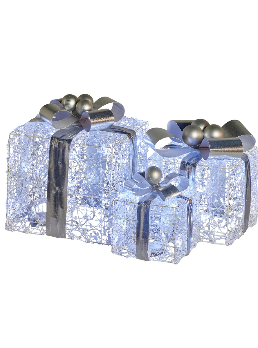 Silver Bow Light Up Christmas Present Decoration Set 3 Piece - Main Image