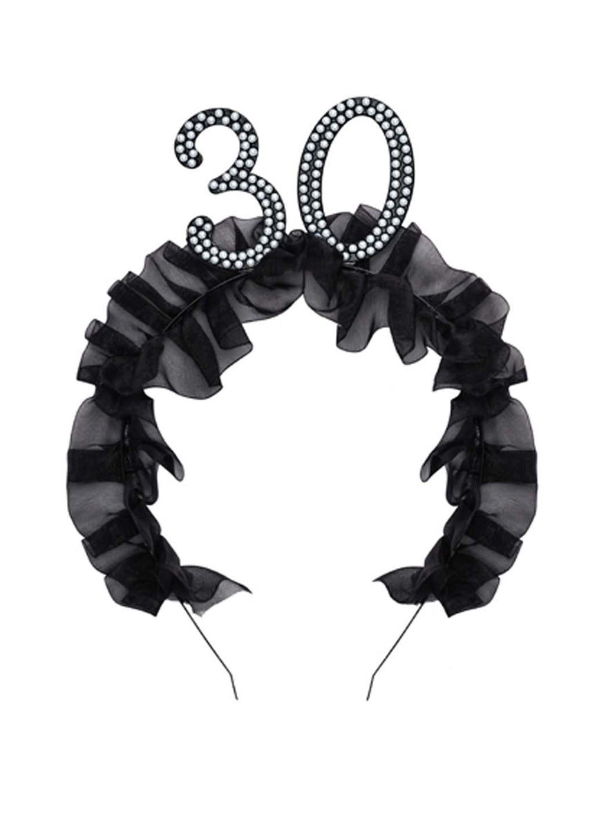30th Birthday Black Headband With Pearls And Ruffles — Main Image