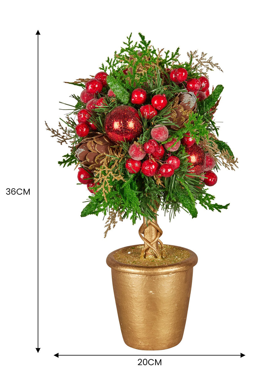 Red Berry And Bauble Decorated Tabletop Topiary Tree Christmas Decoration 36cm - Dimensions Image