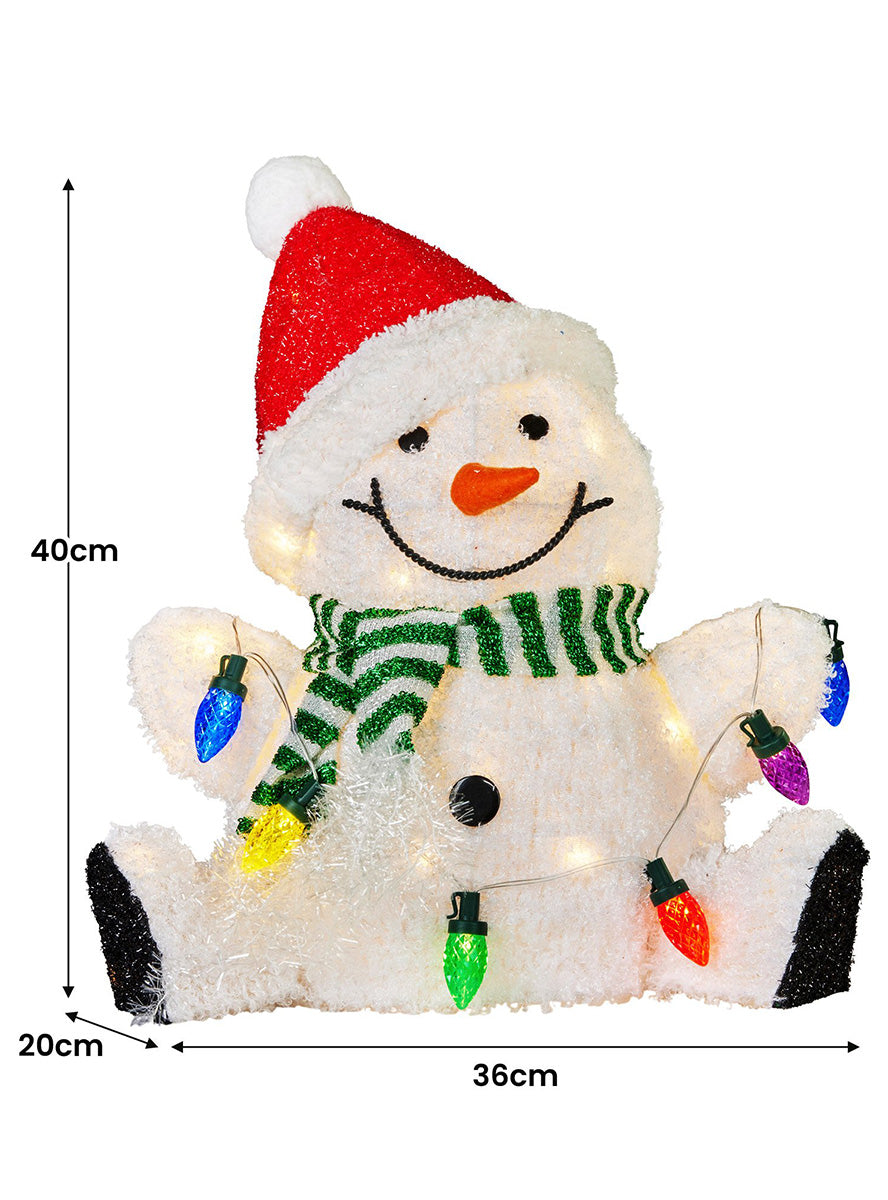 Light Up Christabelle Sitting Snowman Christmas Decoration 40cm - Measurements Image