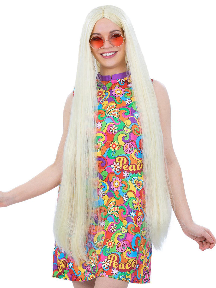 Womens Extra Long Blonde Straight Hippie Costume Wig - Main Image