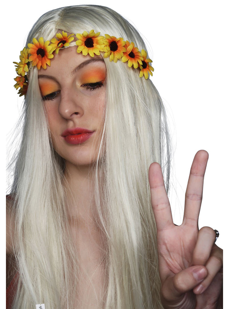 60s Hippie Adults Wavy Brown Costume Wig with Red Headband - Womens Image