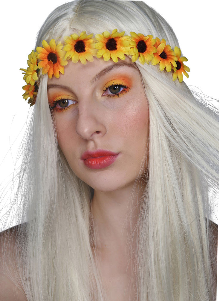 60s Hippie Womens Long Blonde Costume Wig with Sunflower Crown - Alternative Image 4