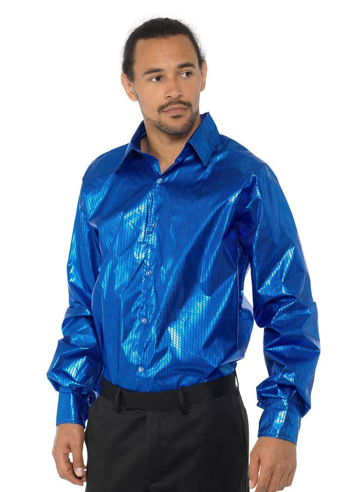 70s Disco Mens Blue Sequined Costume Shirt - Alternative Image
