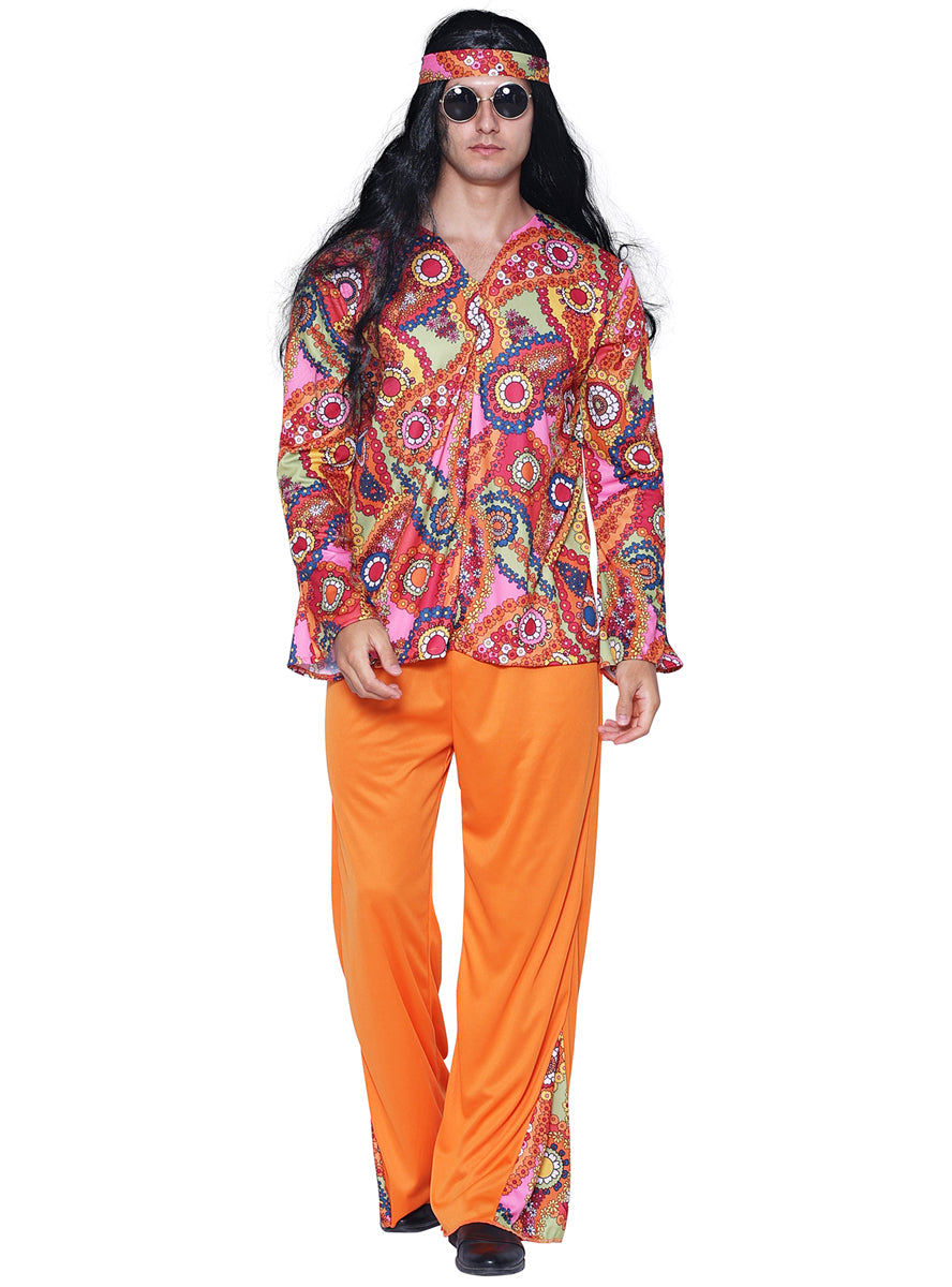 Mens Orange Paisley Print Hippie 1970s Mens Costume - Front Image