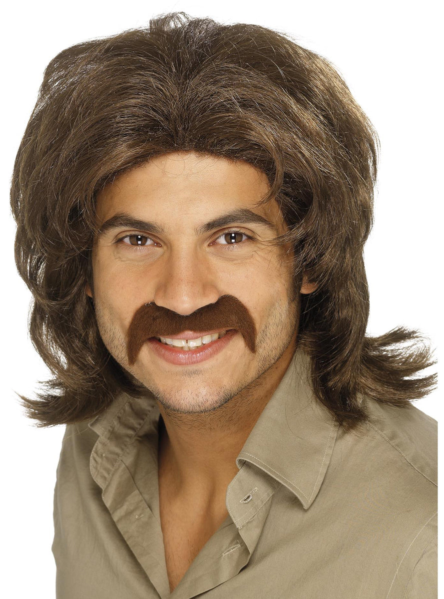 Mens 70s Disco Brown Costume Wig And Moustache - Main Image