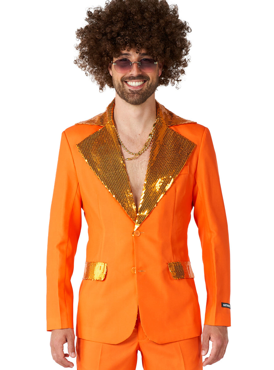 70s Disco Mens Orange Flared Costume Suit - Close Image