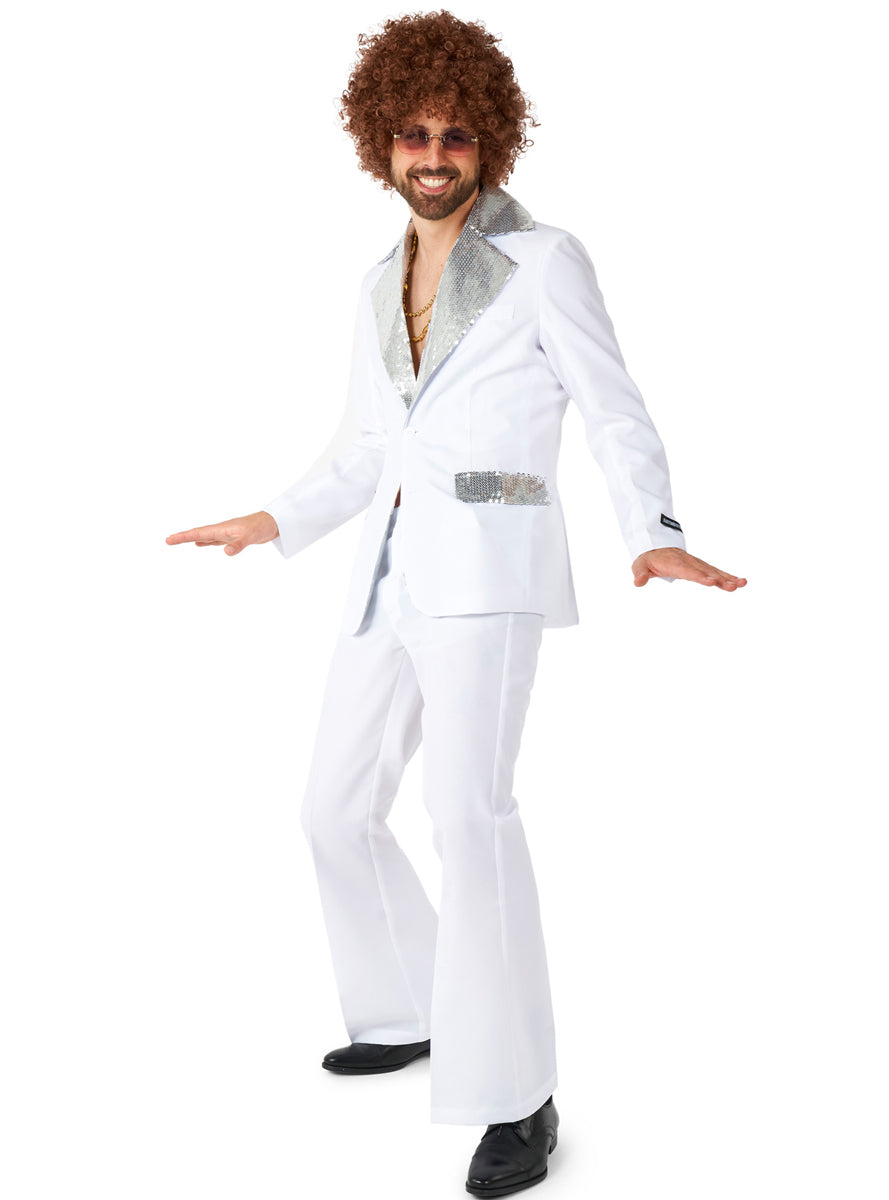 70s Disco Mens White Flared Costume Suit - Main Image