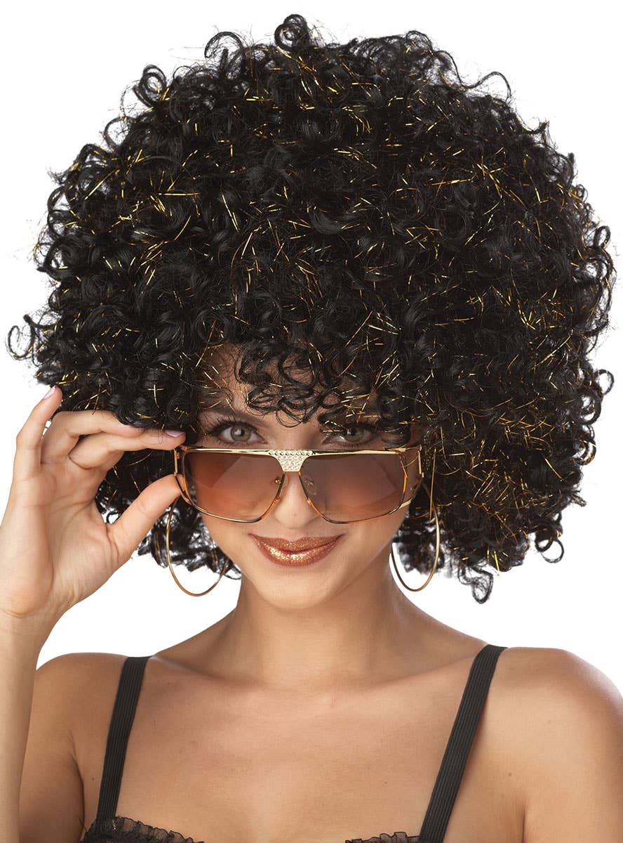 Women's 70's Disco Black Afro Costume Wig with Gold Tinsel Highlights - Main Image