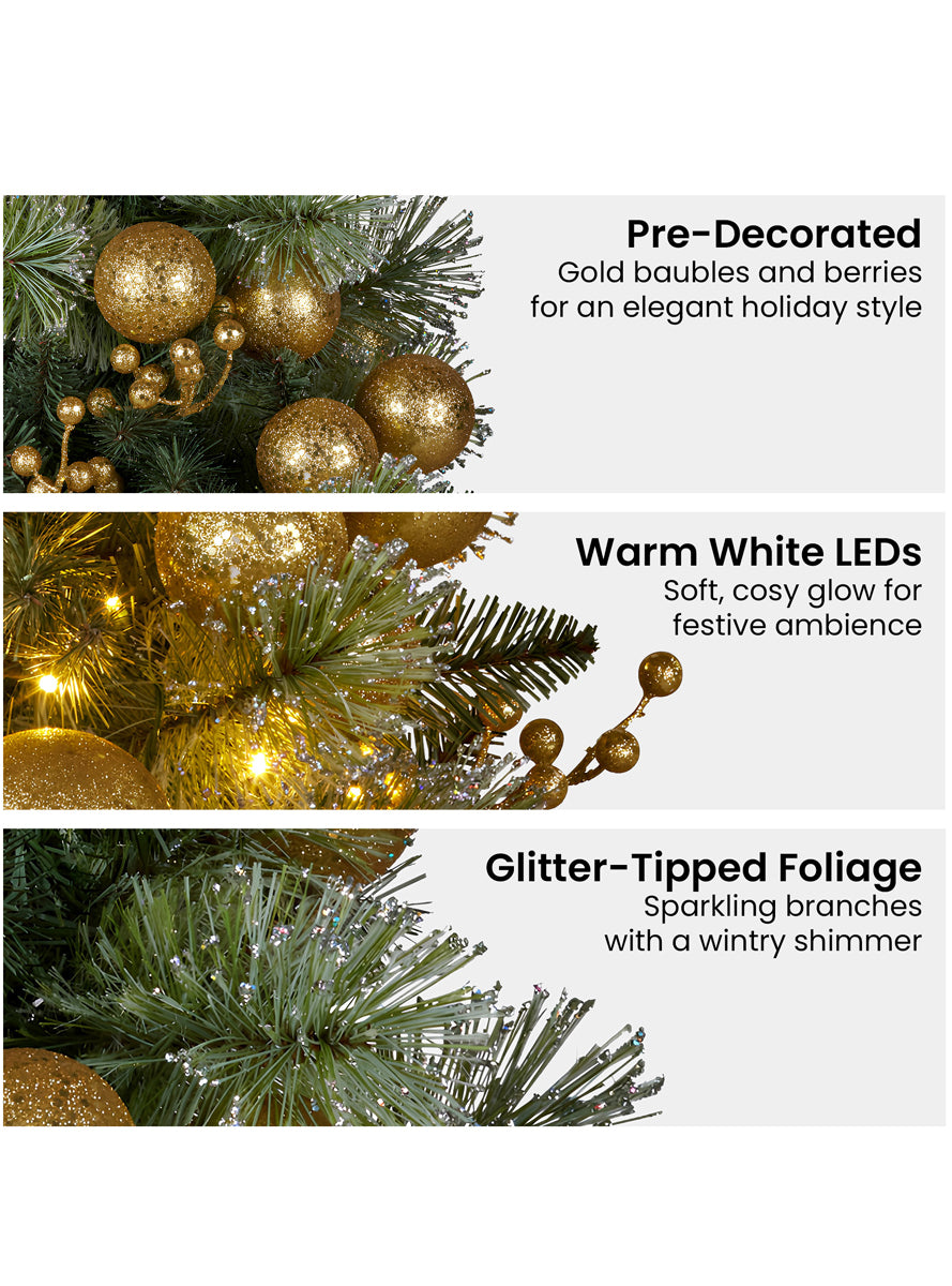 Green Christmas Wreath With Lights And Gold Decorations 76cm - Info Image 2