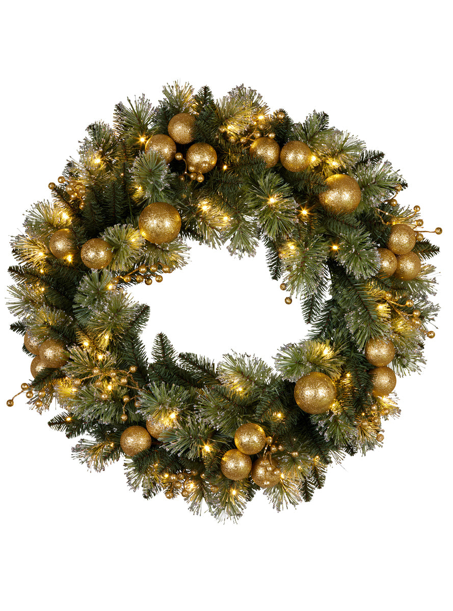 Green Christmas Wreath With Lights And Gold Decorations 76cm - Main Image