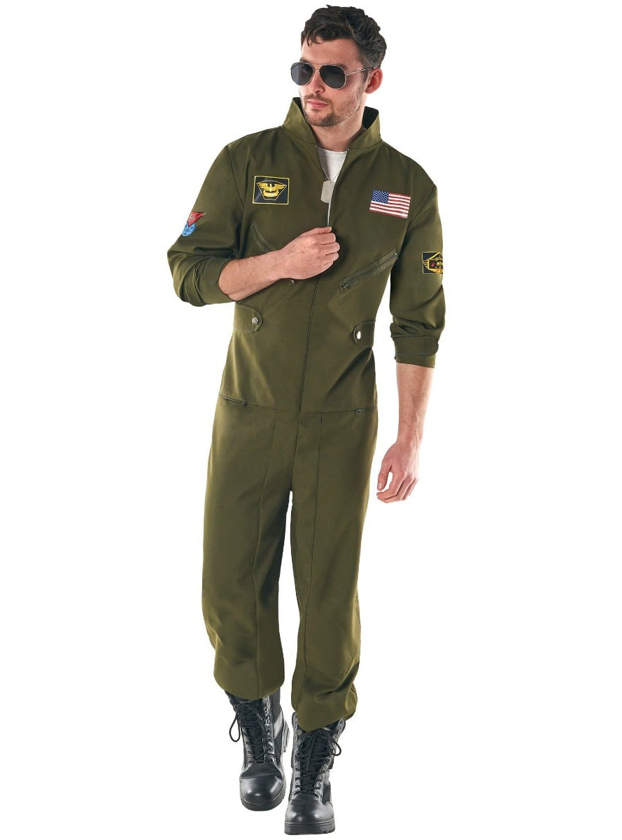 80s Green Aviator Mens Flight Suit Costume - Alternative Image 1