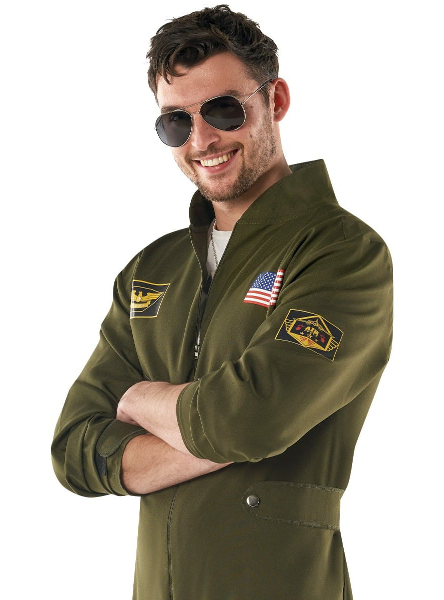 80s Green Aviator Mens Flight Suit Costume - Close Image 1