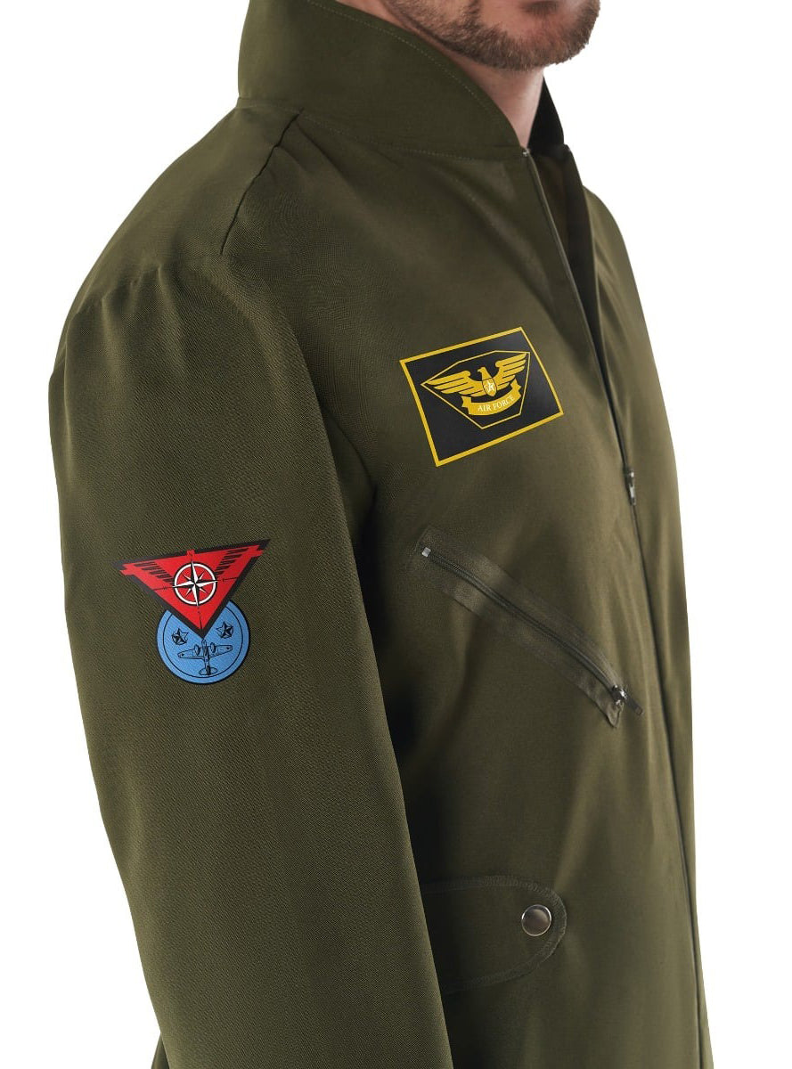 80s Green Aviator Mens Flight Suit Costume - Side Image 2