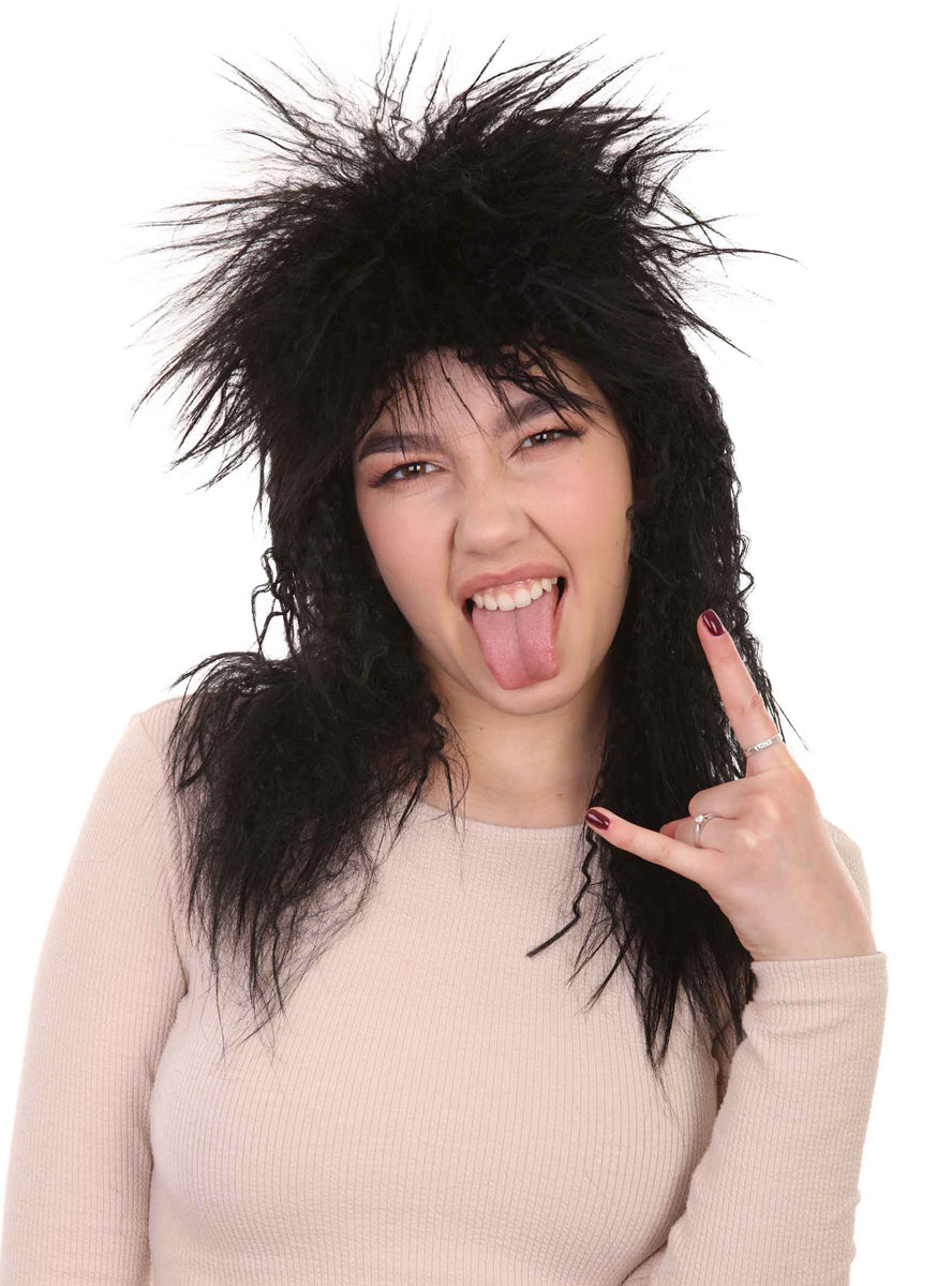 80s Rock Diva Womens Crimped Black Costume Wig - Main Image
