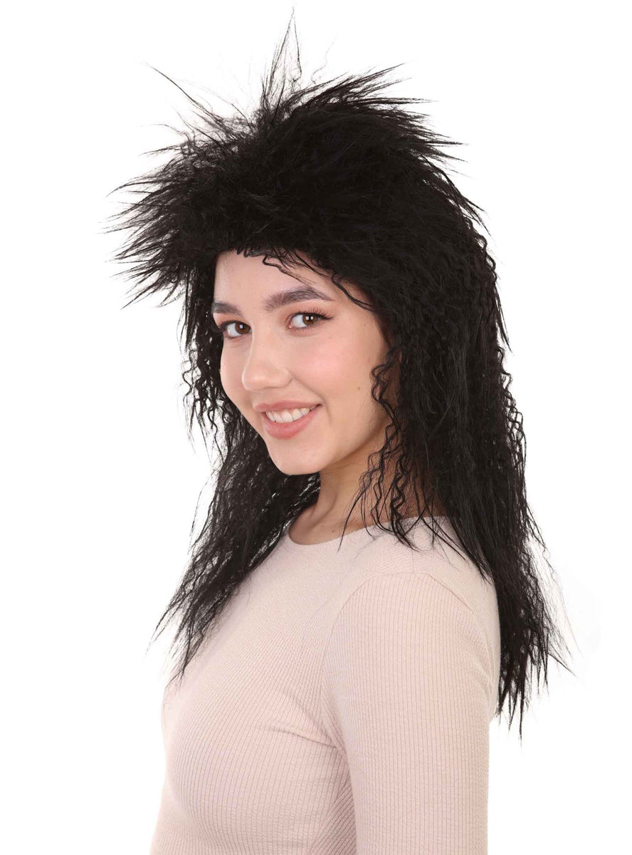 80s Rock Diva Womens Crimped Black Costume Wig - Side Image 1