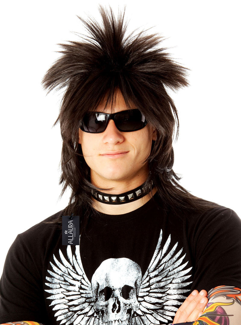 80s Spiky Punk Mens Black Mullet Costume Wig - Main Image