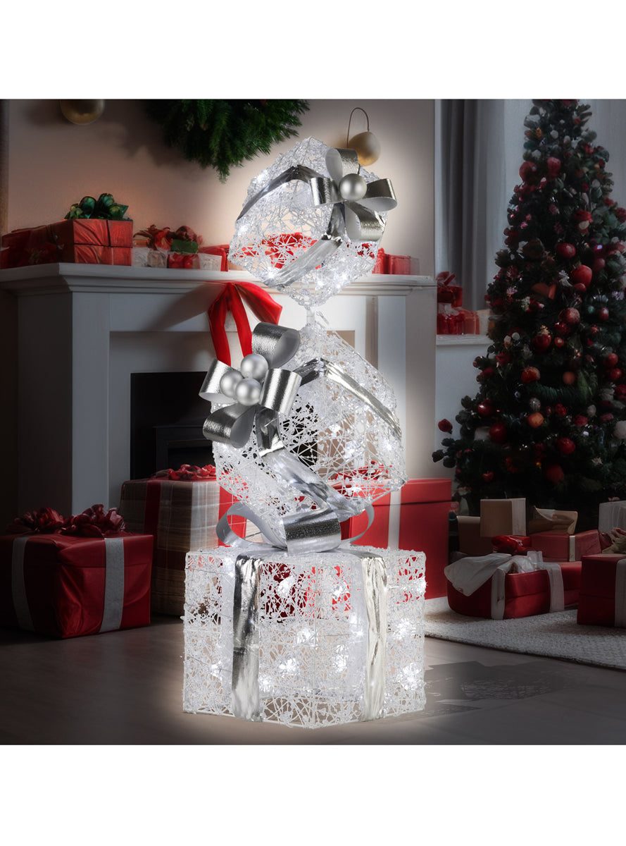 Triple Christmas Present Stack In Silver With Lights 83cm - Alternate Image