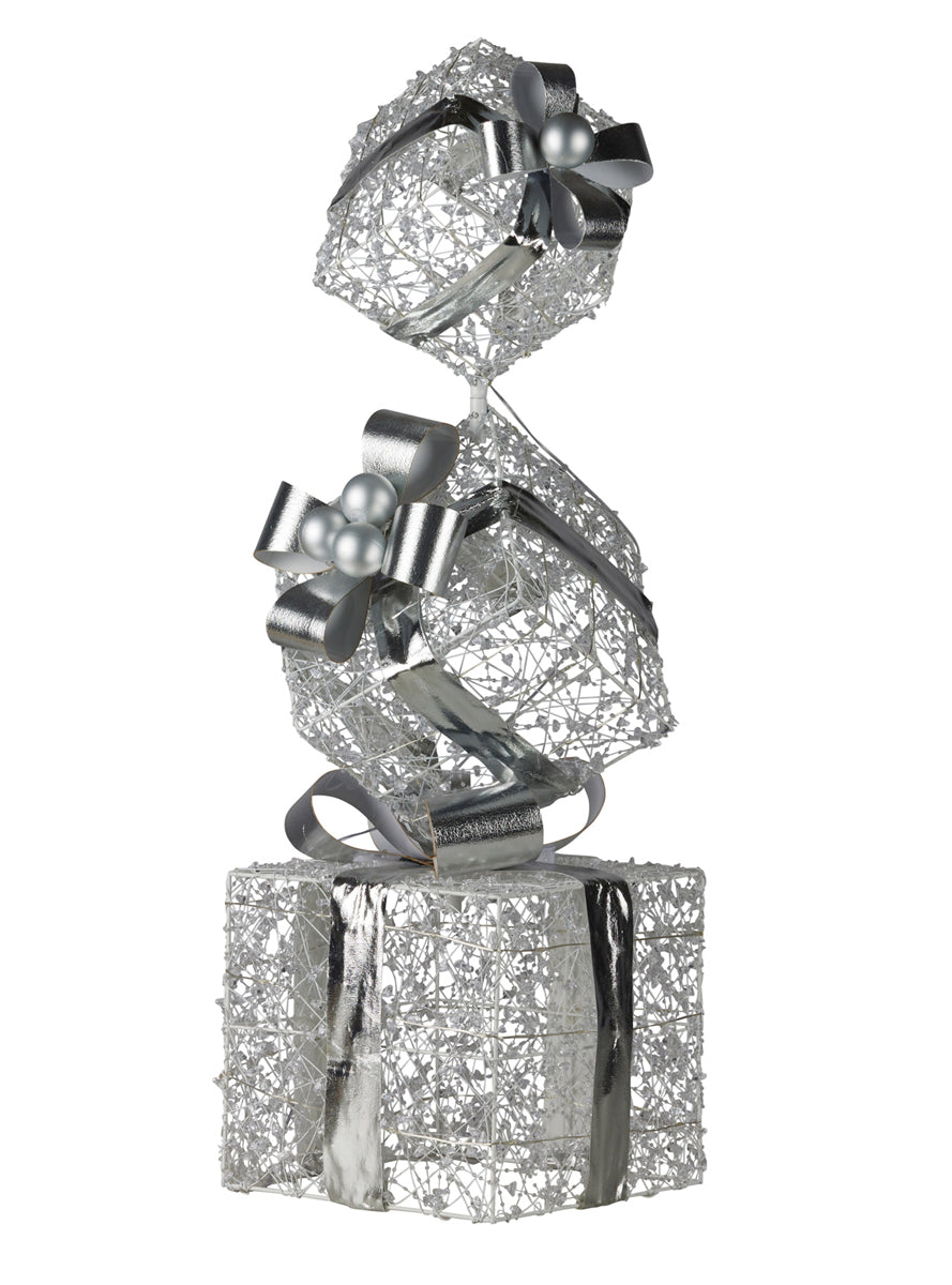 Triple Christmas Present Stack In Silver With Lights 83cm - Unlit Image
