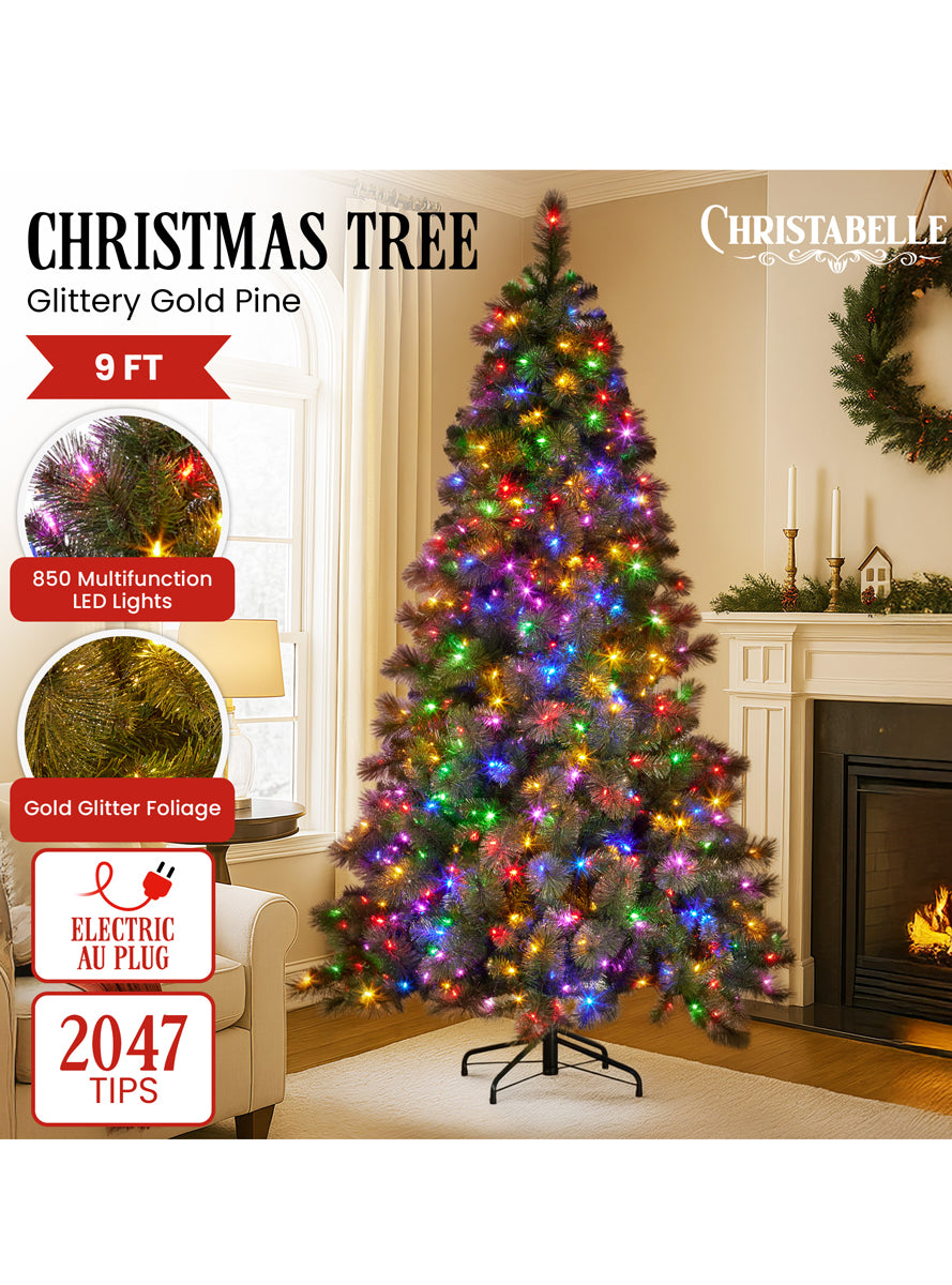 Gold Glittered Prelit Christmas Tree 9 Foot - Info Image 1