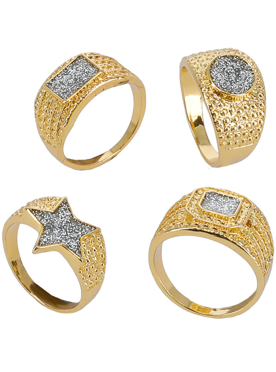 4 Pack of Gold Bling 1990s Costume Rings - Main Image
