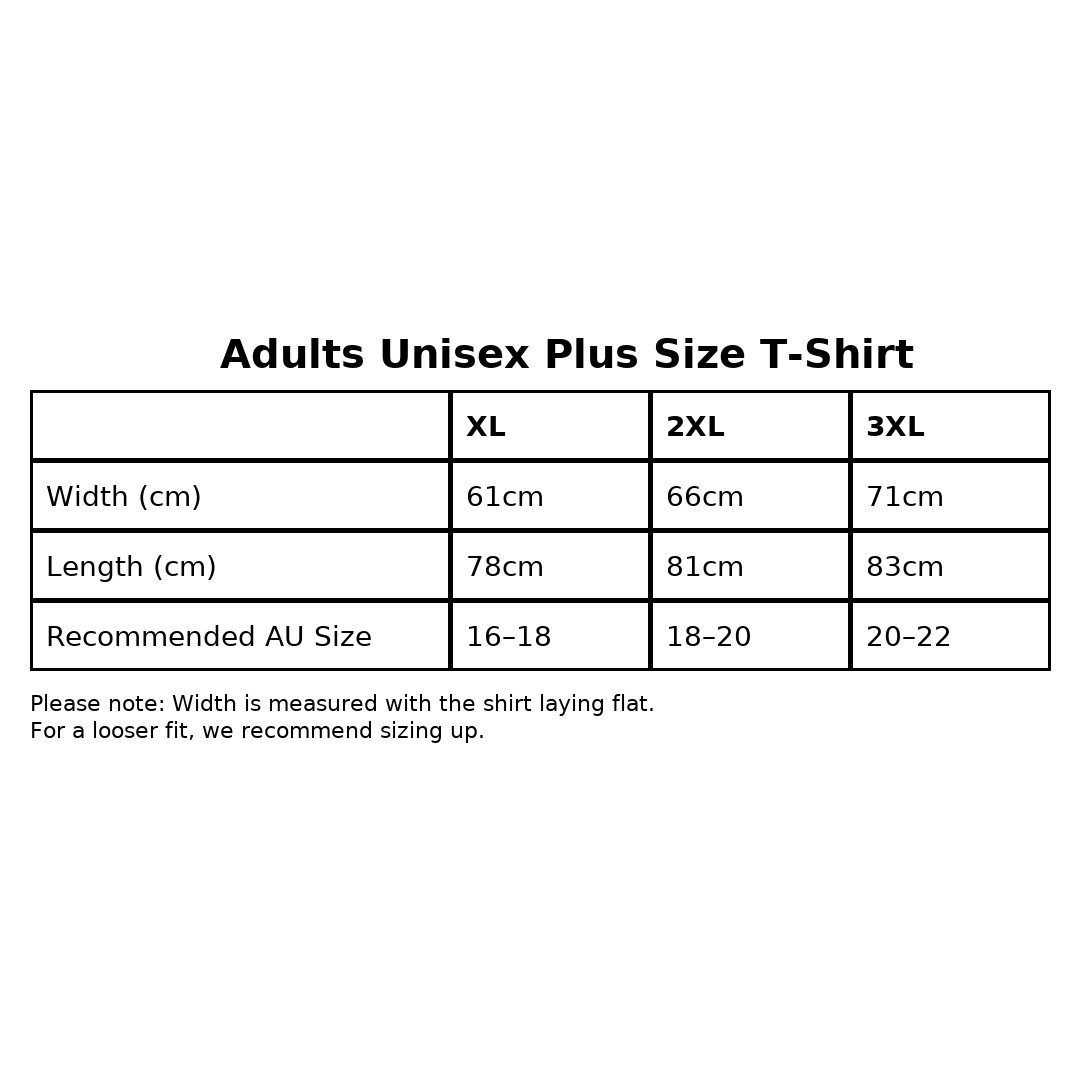Plus Size Adults T-Shirt Size Chart with 3 Sizes