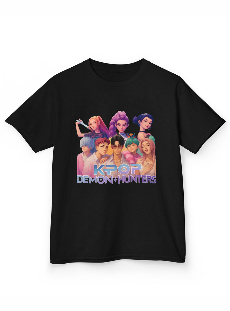 Kids Black K-Pop T-Shirt with All Huntrix Print